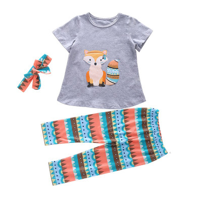 

Summer Baby Girl Casual Short Sleeve Animal Print T-shirt Tops Trousers Headband Outfits Set