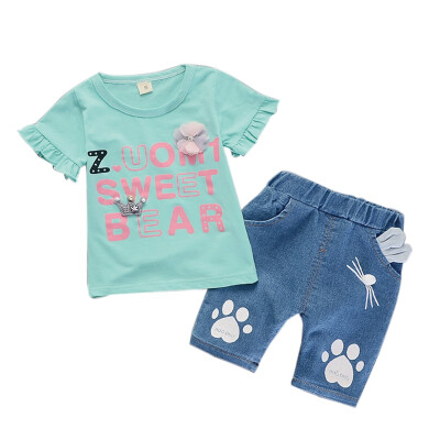 

Summer Baby Girls Short Sleeve Floral Letter Print T-shirt TopsCat Paws Denim Shorts Suits Casual Outfits Sets