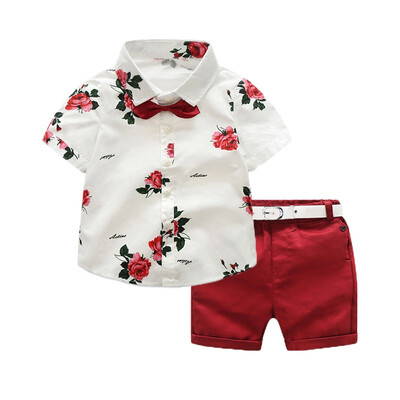 

Summer Boys Clothing Sets Children Clothing Set Kids Boy Clothes Flower Tie ShirtsShorts 2PCS Gentleman Suit With Tie