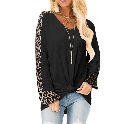 

Autumn Women Blouses Loose V-neck Leopard Print Splicing Long Sleeve Tops