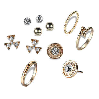 

Geometric Round Crystal Gold Plating Ear Studs Single Lap Winding Hands Rings jewelry Set