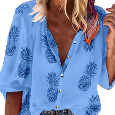 

Blouse Women Autumn Loose Pineapple Print Half Sleeves V-neck Button Ladies Shirt Elegant Casual Fashion Shirt