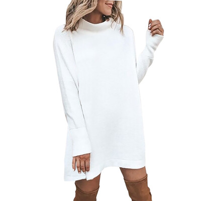 

Women Autumn Stylish Solid Color High Collar Long Sleeve Loose High Collar Elegant Sweater Dress