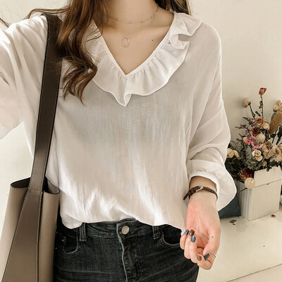 

Women V-neck Ruffle Long Sleeve T Shirt Ladies Loose Solid Casual Blouse Top