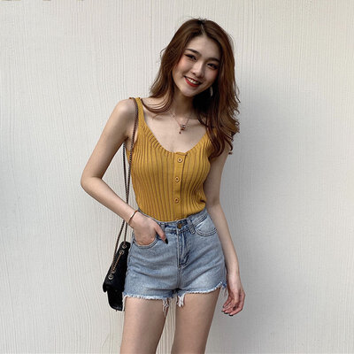 

2019 Womens Buttons U Neck Sleeveless Solid Knitted Tank Top