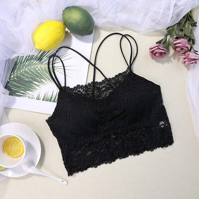 

Fashion Lace Patchwork Sling Detachable Chest Pad Seamless Back Cross Bra Tube Tops Solid Color Camisoles Slim Tops Women