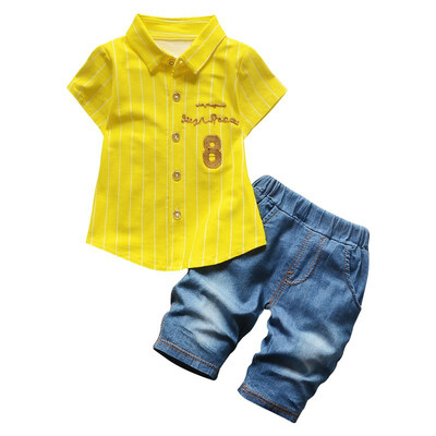 

Summer Children Baby Boys Casual Short Sleeve Letter Embroidery Stripe Shirt Tops Denim Shorts Costume Set