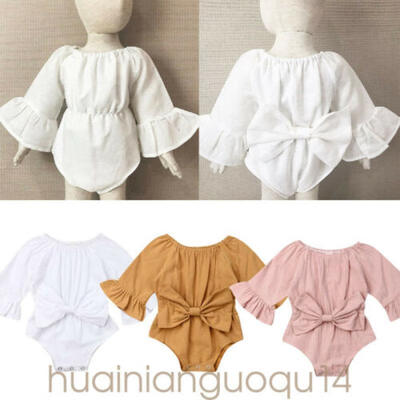 

UK Newborn Infant Baby Girls Clothes Long Sleeves Rompr Summer Solid Bow Outfit