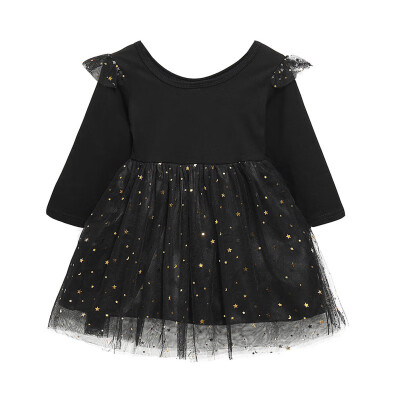 

mesh Lovely Knee-length Printing Spring Autumn Casual 2019 Fashion Baby Girl Printing Black Long Sleeve Princess Dress