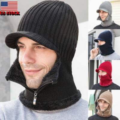 

Men Winter Warm Pom Hat Skullcaps Mask Scarf Neck Thickened Plush Wool Knitted
