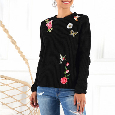 

Tailored Women O Neck Solid Long Sleeve Embroidery Knitted Sweaters Casual Blouse Tops