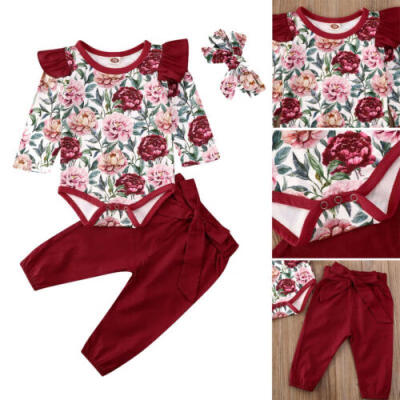 

3pcs Newborn Baby Girl Clothes Floral Romper TopsPantsHaedband Outfits 0-24M