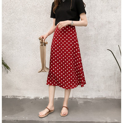 

Red Black Polka Dot Women Skirt Long Autumn Summer Chic Vacation Boho Beach Skirts High Waist Elastic Female Retro Skirt