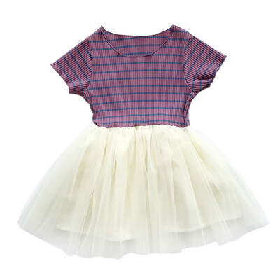 

Summer Baby Girl Cute Striped Dresses Striped Short Sleeve Patchwork Mesh Dress Kids Toddler Girls Ball Gown Pincess Dress