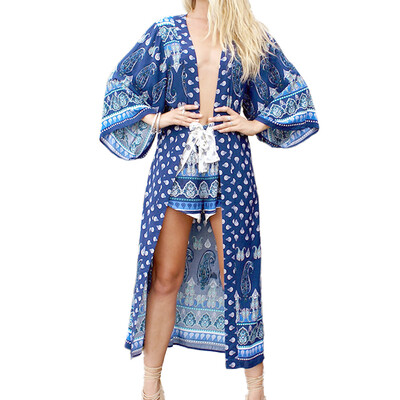 

Women Long Print Chiffon Beach Cover Ups Split Hem Open Front Three Quarter Sleeves Bikini Cover Kimono Beachwear
