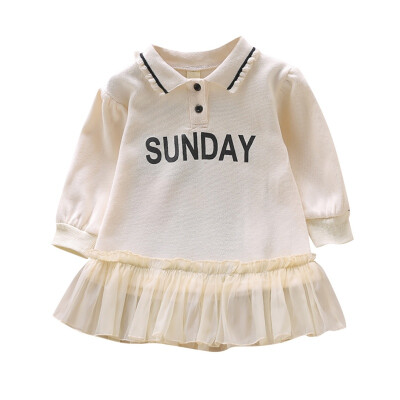 

Baby Girl Dress Autumn Girls Casual Wear Long Sleeve Sweet Letter Print Round Neck Mesh Stitching Kids Girl Cute Dress