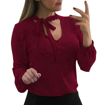 

Autumn Blouse Women Long-Sleeved Bow V-Neck Solid Lace Chiffon Shirt Casual Women Tops Comfort White Blouse Blusas