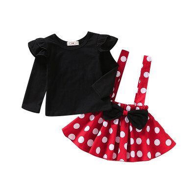 

1-4T Autumn Baby Girl Flare Long Sleeve Cotton T-shirt Blouse Strap Polka Dot Skirts Casual Outfits Set