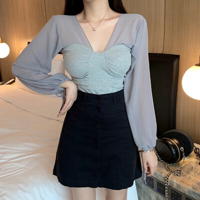 

Temperament Chic Women T Shirt New Autumn Sexy V Neck Solid Color Drawstring Loose Lantern Sleeve Tee Casual T-Shirt Tops