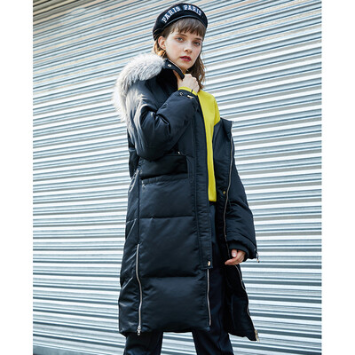 

PASS2018 winter new hem zipper large fur collar down jacket womens long hooded padded cashmere coat 68409PA12015 black