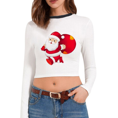 

Christmas T-shirt Santa Claus Christmas Tree Print Multiple Choices Long-Sleeve Cropped tshirt New Hot Women Clothes