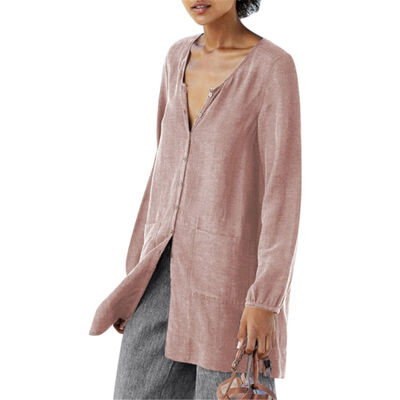 

Womens 2019 autumn new long-sleeved button V-neck solid color shirt casual loose long-sleeved shirt