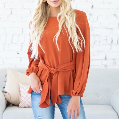 

Tailored Womens Autumn Solid Color O Neck Long Sleeve Bandage Waist Casual Blouse Tops