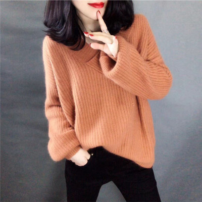 

2019 Winter Fashion Ladies Mohair Thicken Knitting Sweater Solid V-Neck Pullover Pull Femme Jumper Loose Womens Sweater sweter