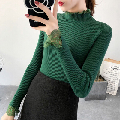 

Autumn Winter Women Sweaters Lace Patchwork Knitted Pullover Women Turtleneck Lady Pullovers Female Jumper Pull Femme