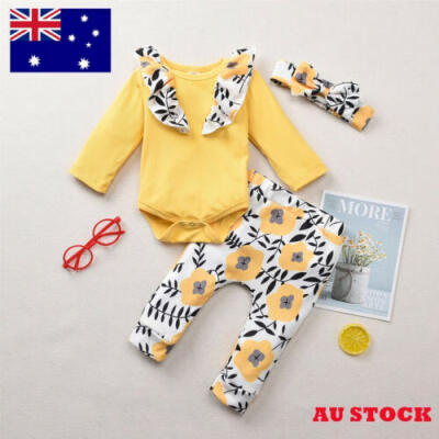 

AU Newborn Baby Girl 3PCS Outfit Romper Bodysuit Jumpsuit Floral Pants Trousers