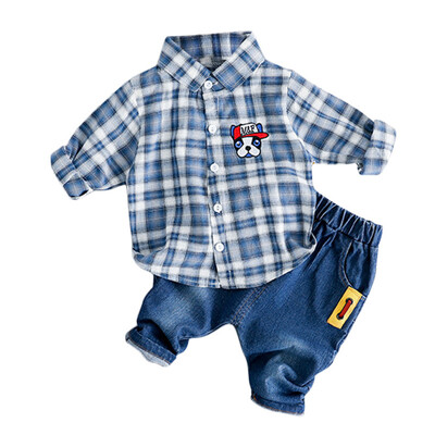

Toddler Newborn Boy Autumn Outfits Long Sleeve Plaid Print TopDenim Trousers Casual Sets