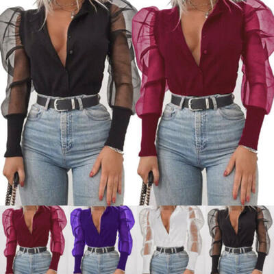 

Women Ruffles Sheer See-through Long Puff Sleeve Tops Blouse Club T-Shirts Plus