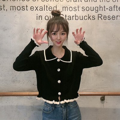 

Fashion New Lapel Ruffled Cardigan Stitching Long-sleeved Knit Sweater Women Button Cardigan