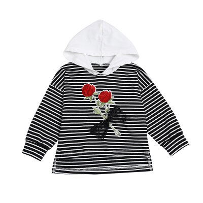 

Spring Girl Black&White Striped Rose Embroidered Hoodie