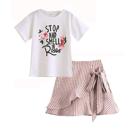 

Children Girls Casual Skirt Dress Clothes Sets Summer Floral Print Short Sleeve T-shirtMini Striped Skirts Cute Suits 2Pcs