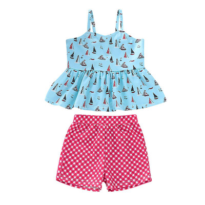 

Children Baby Girls Boat Sleeveless T-shirts Short PantsThree-color Swimsuit Two-piece Suit Size 80-120 Children Clothing 2-5T