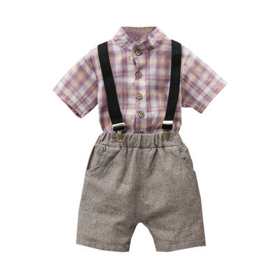 

kid clothes Summer boys clothes Short Sleeve Plaid Print Tops T-shirtStrap Shorts Suspenders Fashion Clothing Sets