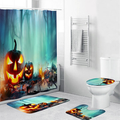 

〖Follure〗Halloween festival 4PCS Non Slip Toilet Polyester Cover Mat Set Bathroom Curtain