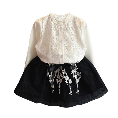 

2PcsSet Autumn Baby Girl Long Sleeve Cotton Hollow Design Tops Floral Print Skirts Casual Outfits Set