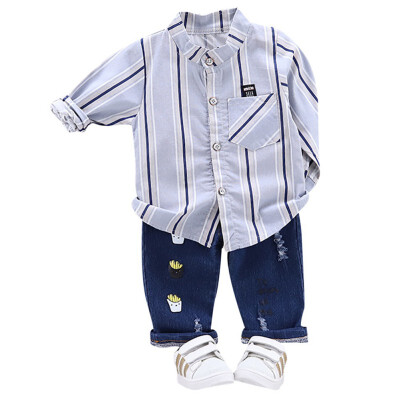 

Baby Boys clothes Autumn Casual Set Long Sleeve Striped Print Shirt TopsCartoon Denim Pants Trouser Set Kids Clothes 2pcs