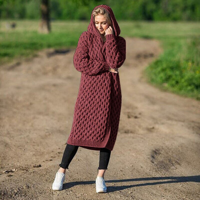 

Toponeto Winter Warm New Fashion Women Long Knitted Sweater Hooded Cardigan Coat