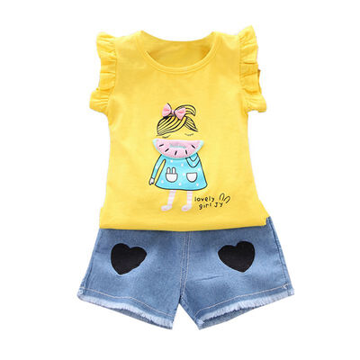 

Summer Girls Clothes Set Cotton kids Clothes Denim Shorts Casual Sleeveless Tops VestShorts Suits