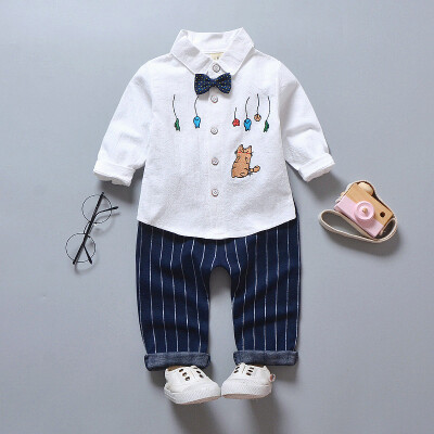 

2pcs Baby Clothes Boy Girl HandsomeLong Sleeve Lapel T-shirt Cat Pattern Concise Casual Striped Long Pants Kids Set