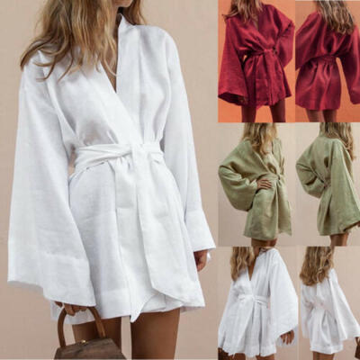 

Women Boho Short Mini Dress V-neck Party Beach Dresses Kimono Loose Belted Dress