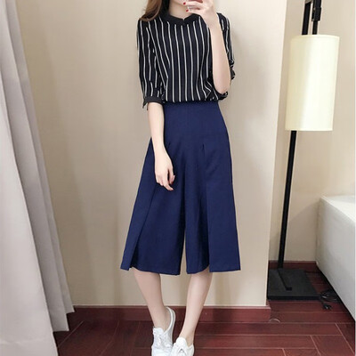 

Summer Two Piece Set Women Striped Shirt Casual Wide Leg Pants Outfit Women Clothing