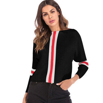 

Sweater 2018 Autumn Sexy Slash Neck Spell Color Striped Top Women Pullovers Casual Long Batwing Sleeve Knitted Sweater Tops