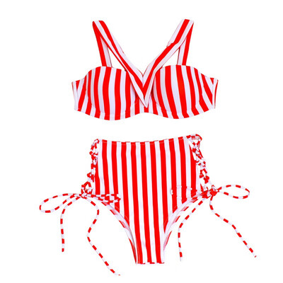 

New 2019 Thong bikini swimwear Sexy Red&white stripes Print Split swimsuit Europe swimming suit for women Bikinis