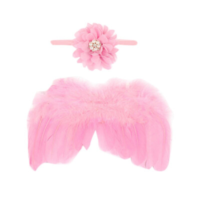 

Newborn Baby Angel Feather Wing With Lace Flower Headband Set Photo Props Outfit Costume
