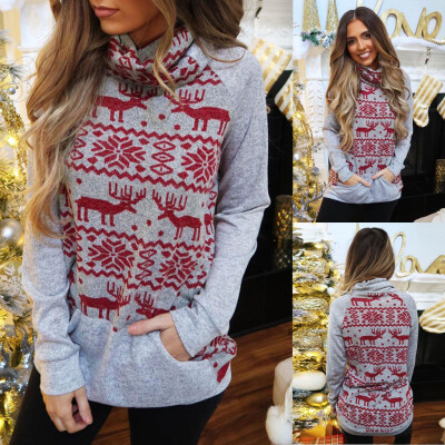 

Gobestart Merry Christmas Turtleneck Snowflake Elk Print Wool Sweater Xmas knitting Tops