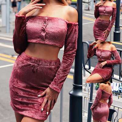

Tailored Women Fashion Solid Off Shoulder Button Long Sleeve Sweater Skirt Short Suit